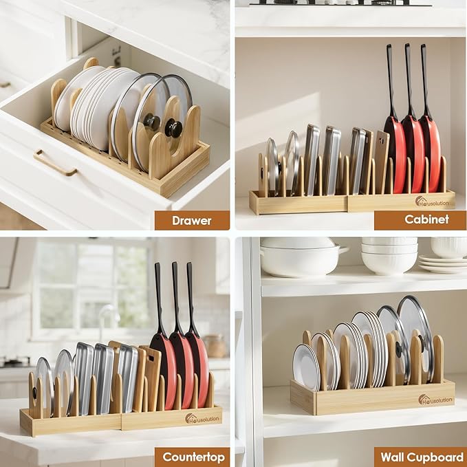 Housolution Bamboo Pot and Pan Organizer for Cabinet, 15"-29" Expandable Pot Lid Organizer with 10 Adjustable Dividers, Wooden Pan Holder Storage Rack, Fully Expanded Size 29.5" W x 8" D x 7.5" H