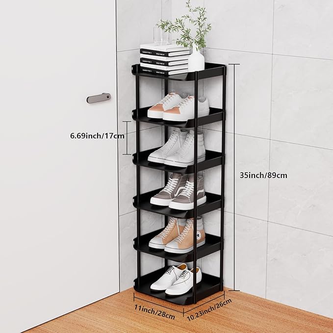 6 Tier Vertical Narrow Shoe Rack, Stackable Tall Skinny Shoerack, Compact Single Shoes Storage Tower for Slim Space, Corner Plastic Shelves, for Hallways, Entryway, Bedrooms Organizer, Black