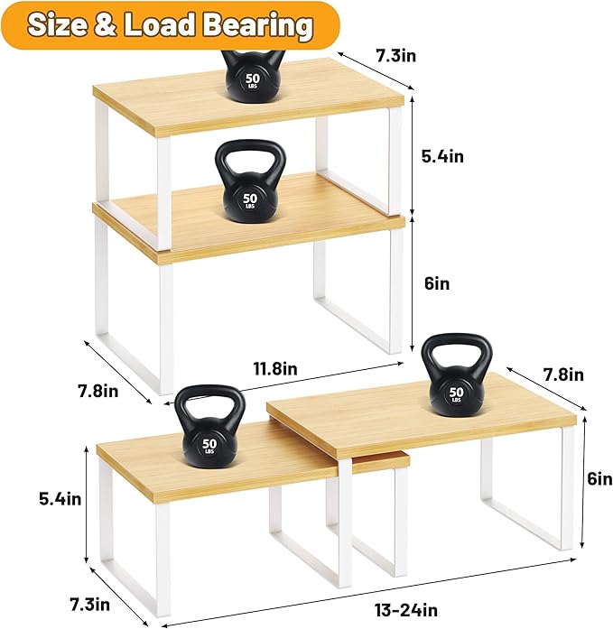 Kitchen Cabinet Organizer Shelf Set of 4, White+Bamboo