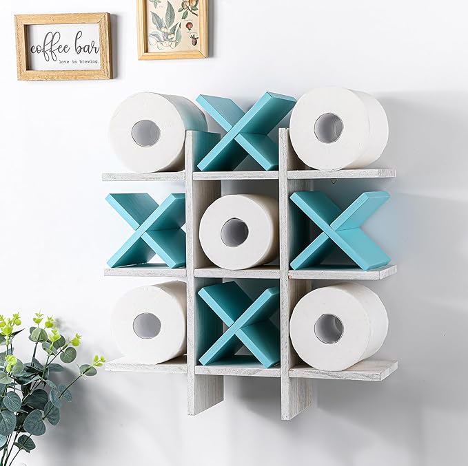 Weysat Tic Tac Toe Toilet Paper Holder Stand Bathroom Wall Decor Rustic Wooden Hanging Storage Freestanding Wall Mounted Shelves Decor for Toilet Tissue Farmhouse