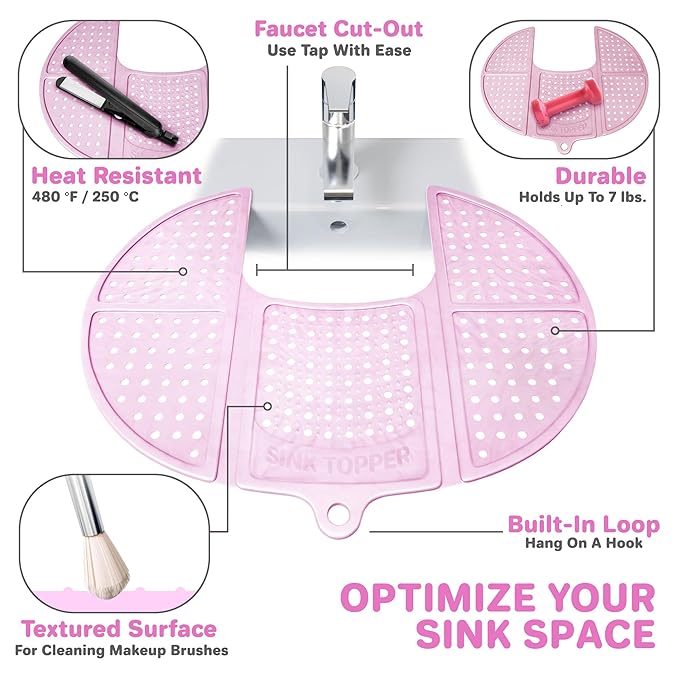 Sink Topper Bathroom Counter Cover & Storage Saver, Foldable Silicone Mat for Hot Tools, Hair Styling & Makeup, Beauty Brush Cleaning Mat, RV Camper Sink Cover & for Small Spaces (Standard Pink)
