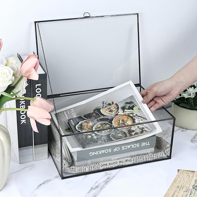 HighFree Vintage Glass Box with Lid - Clear Jewelry Glass Display Box Keepsake Box - Home Decor Decorative Box for Trinket Rings Bracelet (Black, X-Extra Large)