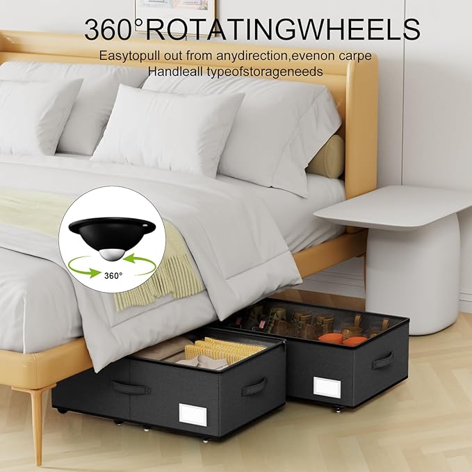Under Bed Storage with Wheels,Under Bed Shoe Storage Organizers,Underbed Storage Bins,Rolling Under the Bed Storage Containers for Shoes Clothes in Dorm Bedroom,2 Pack（Black）
