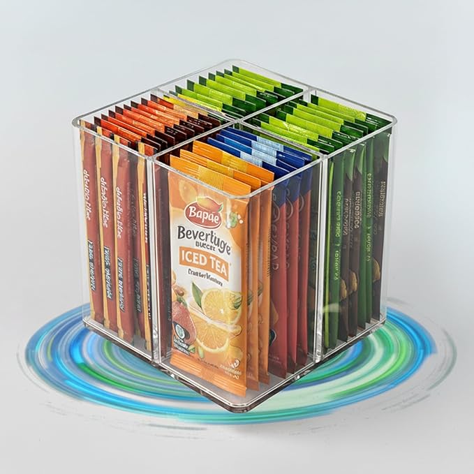 Square Lazy Susan Drink Packet Organizer 360° Rotating Water Flavor Packet Holder for Kitchen Pantry Cabinet Clear Storage Bin for Powdered Drink Mixes, Liquid IV, Tea Bags & Snacks