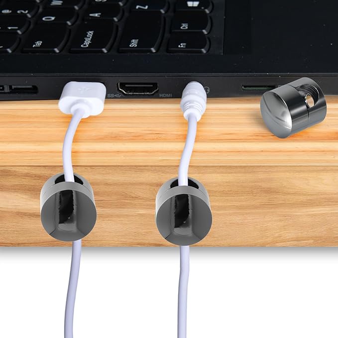SmallCat 6 Sets Charger Holders for Cords, Black Adjustable Cable Anchor Holders, Adhesive Metal Cord Clips, Cable Management Wire Organizers for Desk, Office, Nightstand