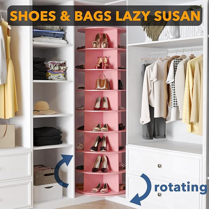 8 Tier Rotating Shoe Rack Tower, Spinning Shoe Display Lazy Susan, 8-Tier Pink