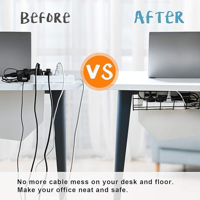 Under Desk Cable Management- 1 Pack Cord Organizer. Metal Wire Cable Management Tray for Office, Studio and Home. Super Sturdy Under Table Cable Management - Black Cable Organizer