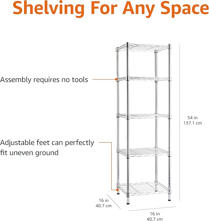 Amazon Basics 5-Shelf Tower Adjustable Storage Shelving Unit, Chrome