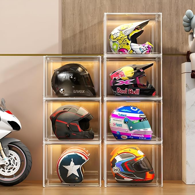 GUDEMAY Large Clear Stackable Acrylic Storage Bins with Door, Dustproof Figure Collectibles Display Case, Football & Motorcycle Helmet Showcase, Basketball, Sports Memorabilia Organizer (XL, Count, 3)