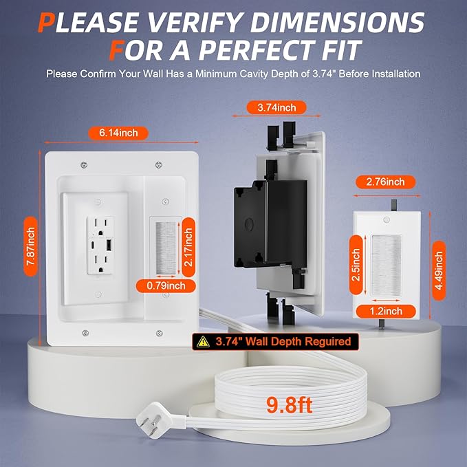 in Wall Cable Management Kit with Brush Wall Plate TV Wire Hider for Wall 2AC+USB-a+USB-c Recessed tv Outlet Box 9.8ft Cord for Home Theater Systems Gaming Vonsoles Nightstands Office Spaces