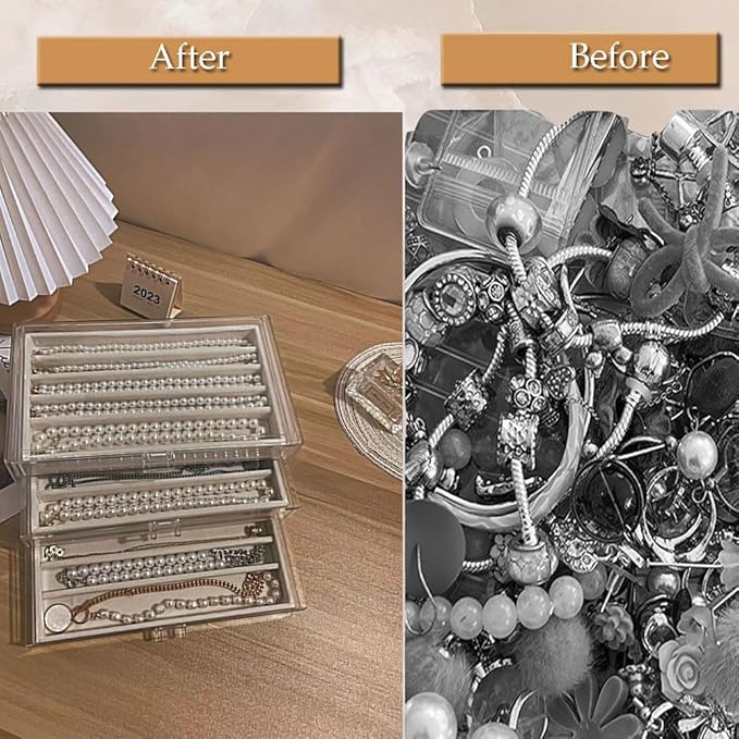 CLUQMEIK Necklace Organizer Box with Clear Lid, Dustproof Velvet Jewelry Holder Storage Display Case, Stackable Acrylic Necklace Tray Drawer Insert for Women and Girls (Beige,3 Drawers)