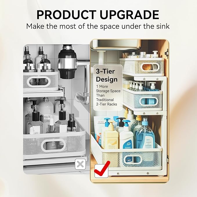 1 Pack 3 Tier Under Sink Organizer, Height Adjustable Heavy Duty Metal Under Cabinet Drawer Pull Out Shelf with Smooth Silent Sliding Design, Organizer and Storag Rack for Kitchen, Bathroom, White