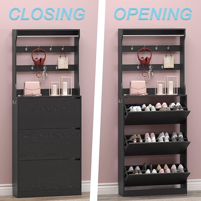 Shoe Cabinet with 3 Flip Drawers & Coat Rack, Narrow Hidden Shoe Storage Cabinet