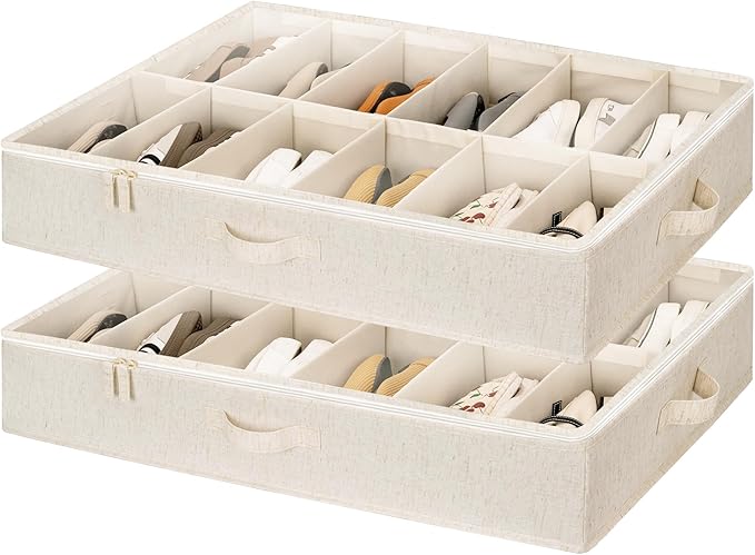 StorageWorks Underbed Shoe Storage Organizer for Closet, 2-Pack Fabric Under Bed Shoe Organizer with Adjustable Dividers, Fits up to 24 Pairs, Beige(Natural Texture)