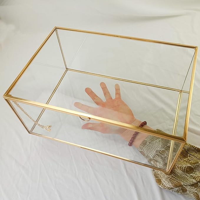 HighFree Vintage Glass Box with Lid - Clear Jewelry Glass Display Box Keepsake Box - Home Decor Decorative Box for Trinket Rings Bracelet (Gold, X-Extra Large)
