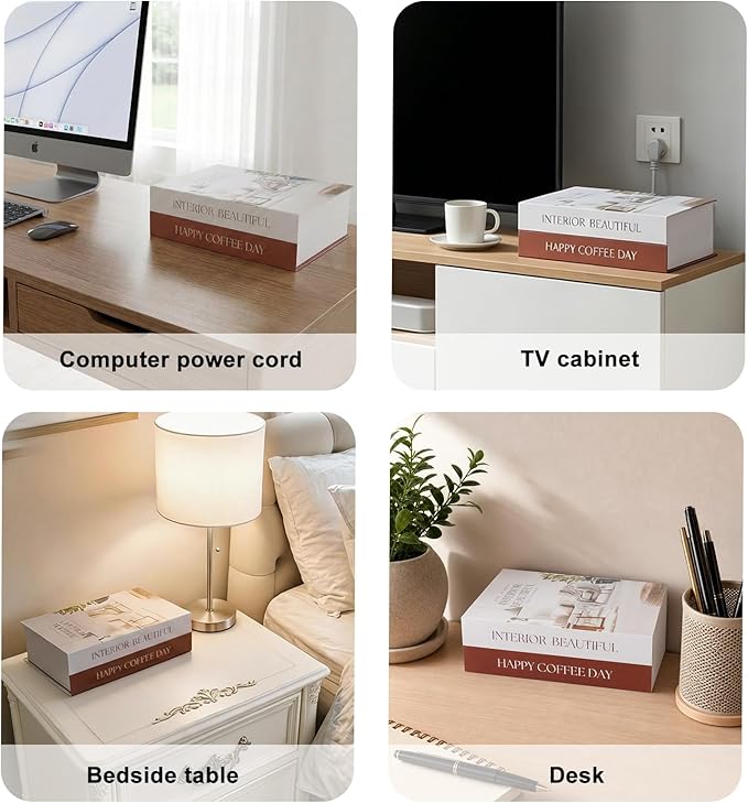 Book Shape Cable Management Cardboard Box with Magnetic Lid - Decorative Storage Organizer to Hide Cords, Power and Computer Cables & Routers for Home Office Decor (12.4 x 8.6 x 3.9 in) White&Wine