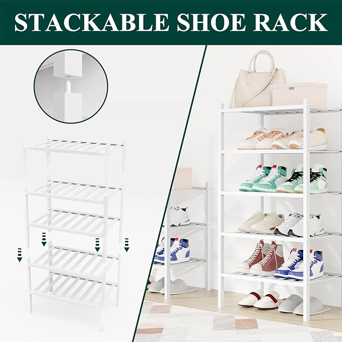 Smiry Small Bamboo Shoe Rack, 3 Tier Free Standing Wooden Shoe Organizer, Stackable Wood Shoe Storage Shelf for Closet, Entryway, 12 Vertical Slats, 2+1 Stack Standard Legs, 17.3"x11"x19.5", White