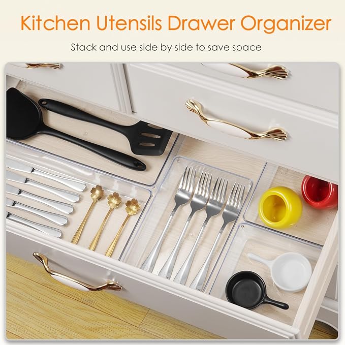 Criusia Drawer Organizer, 26 Pack Clear Plastic Drawer Organizer Bins, Versatile Organization and Storage Trays for Kitchen, Bathroom, Vanity Makeup and Office