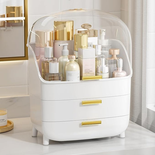 Vtopmart 3-Tier Skincare Makeup Organizer with Drawers and Lid for Vanity and Bathroom Countertop, Large Cosmetic Storage Box Case for Dresser, with Non-Slip Base