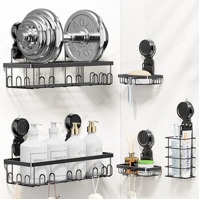 JOTPE Shower Caddy Suction Cup 5 Pack, No Drilling & Removable Suction Cup Shower Shelf for Bathroom with Large Capacity, Powerful Shower Organizer Max Hold 40 lbs, Waterproof Bathroom Shelf, Black