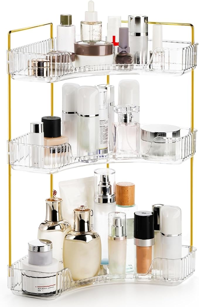 3 Tiers Corner Bathroom Counter Organizer, Clear Countertop Shelf Storage Rack
