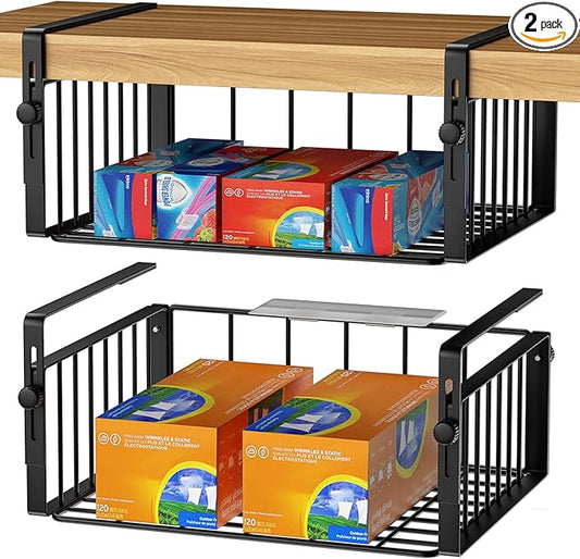 AmonHouseware 2 Pack Hanging Under Shelf Storage Basket,Adjustable Under Cabinet Add-on Storage Racks Slide-in Baskets Organizer for Laundry Room Kitchen Pantry Desk Bookshelf, Black