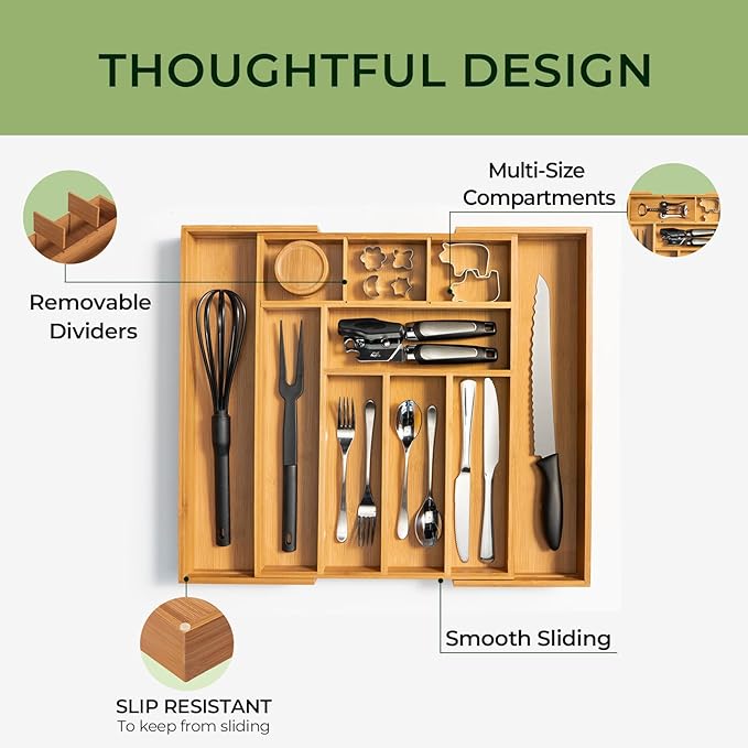6-Piece Bamboo Drawer Organizer Set, 2.2" Deep Multi-Use Organizers for Utensils