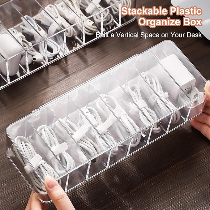 Cable Organizer Storage Box Plastic Cable Cord Management Box Power Cord Organizer Case with 10Pcs Rubber Ties for Office, Home, Desk Accessories Storage Stationery Supplies