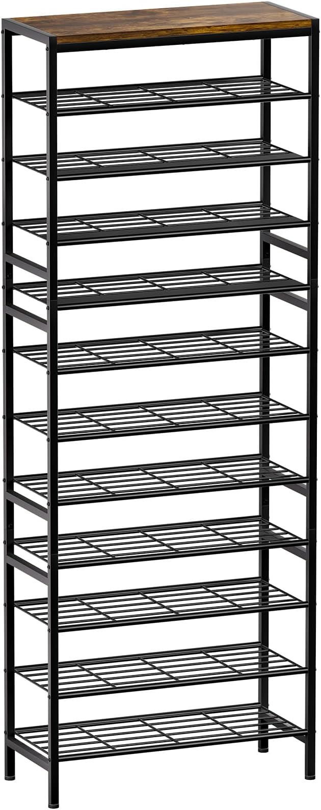 12-Tier Tall Shoe Rack Organizer Shoe Storage for Entryway 40-48 Pairs Metal Shoe Rack for Closet Heavy-Duty Shoe Rack with Wooden Top Shelf for Garage Rustic Brown