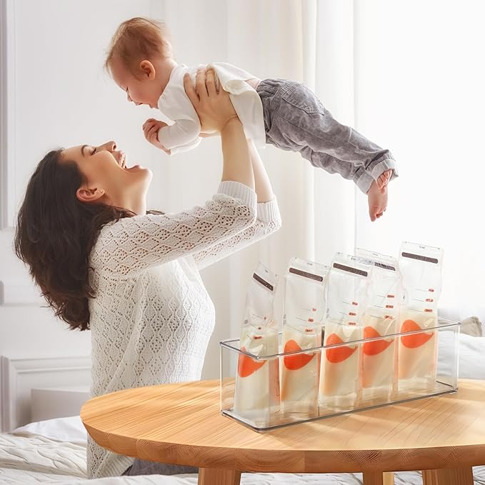 Hudgan 4 Pcs Storage Container Breastmilk for Fridge, Clear Organizer Bins for Milk Bags, Plastic Storage Bins for Freezer, Pantry, Bottles Bathroom, Vanity, Drawer and Yogurts