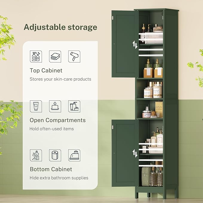 67" Tall Bathroom Cabinet with Adjustable Shelves and Doors, Green