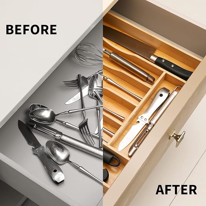 Expandable Bamboo Kitchen Drawer Organizer for Cutlery and Utensils, Natural