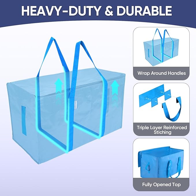TICONN 8 Pack Extra Large Moving Bags Heavy Duty with Zippers & Carrying Handles, Durable Storage Bags Moving Boxes for Closet Organizers and Storage (8 Pack, Sky Blue)
