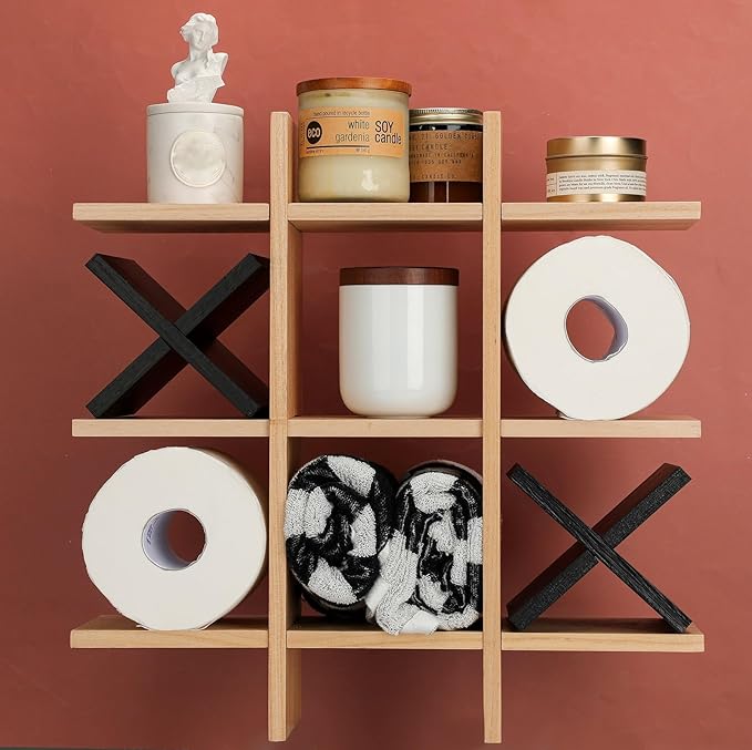 Weysat Tic Tac Toe Toilet Paper Holder Stand Bathroom Wall Decor Rustic Wooden Hanging Storage Freestanding Wall Mounted Shelves Decor for Toilet Tissue Farmhouse