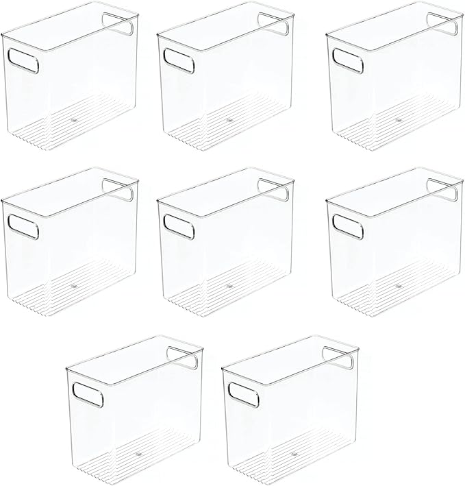 mDesign Plastic Tall Food Storage Organization Container Bin with Handles for Kitchen, Pantry, Cabinet, Fridge/Freezer, Countertop - Organizer for Snacks/Appliances, Ligne Collection, 8 Pack, Clear