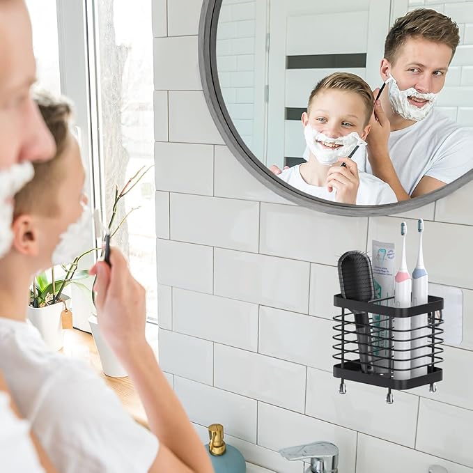 Luxspire Toothbrush Holders for Bathroom, Stainless Steel Electric Toothbrush Holder Wall Mounted, Shower Toothbrush Toothpaste Holder, Bathroom Organizer Essentials, 2 Slots, Black