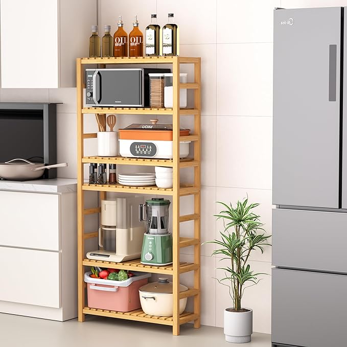 6-Tier Bamboo Shelf, Bamboo Storage Shelving Unit, Living
