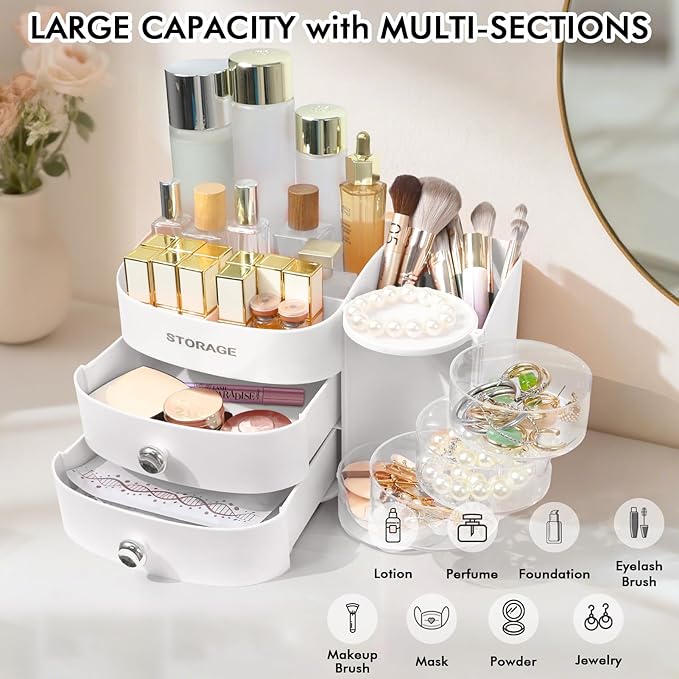 Makeup Organizer Countertop with Drawers, Make up Organizers for Vanity, White