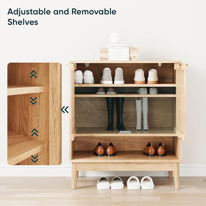Kiasthome Shoe Storage Cabinet with Adjustable Shelves, Wooden Shoe Organizer, Shoes Rack for Entryway, Hallway, Living Room (Natural Wood, 27.56" W)