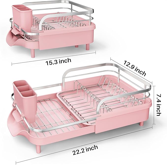 Dish Drying Rack, Expandable Dish Rack for Kitchen Counter, Pink