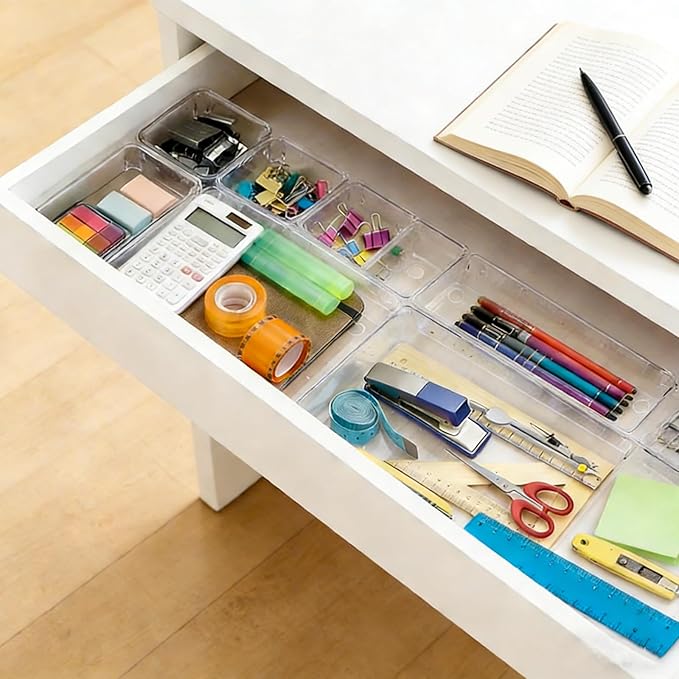15 PCS Clear Drawer Organizer Set, 4 Sizes Desk Drawer Storage Bins, Divider Trays for Makeup, Vanity, Bathroom, Kitchen, Office