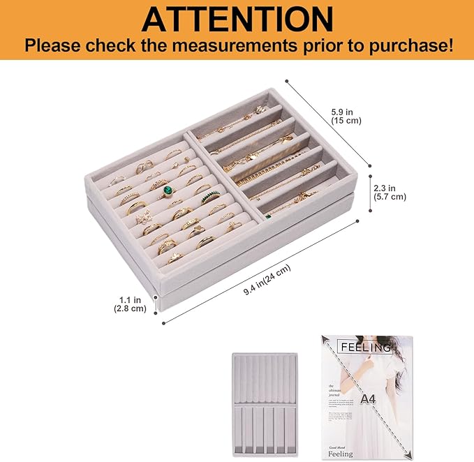 ProCase Stackable Jewelry Organizer Trays for Drawers, Jewelry Drawer Inserts Container Display Case Storage for Earring Necklace Rings Bracelet with Removable Dividers -Grey, 2 Layers