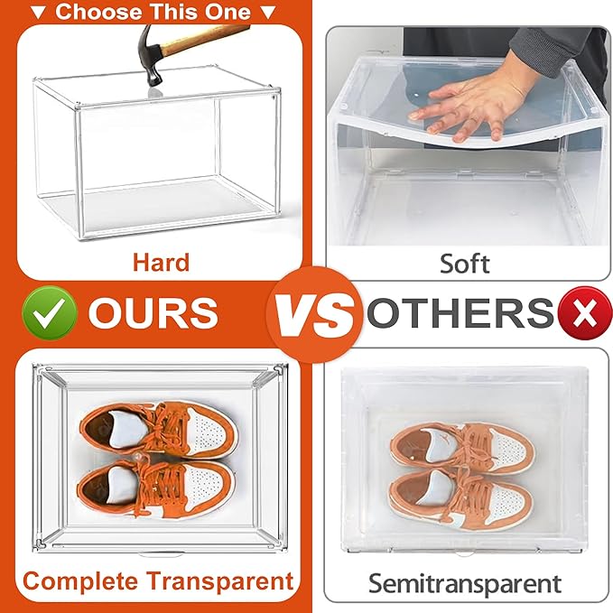 12 Pack Acrylic Shoe Storage Boxes Clear Sneaker Shoe Display Case Fit US Size 12, Stackable Hat Sneaker Shoe Organizer for Closet, Entryway, Underbed, Space Saving Shoe Boxes for Men Women