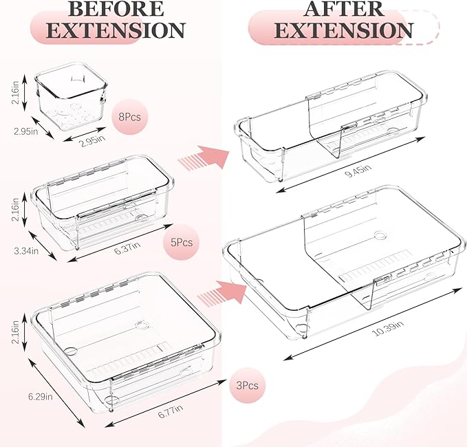 16 Pcs Clear Extendable Drawer Organizer