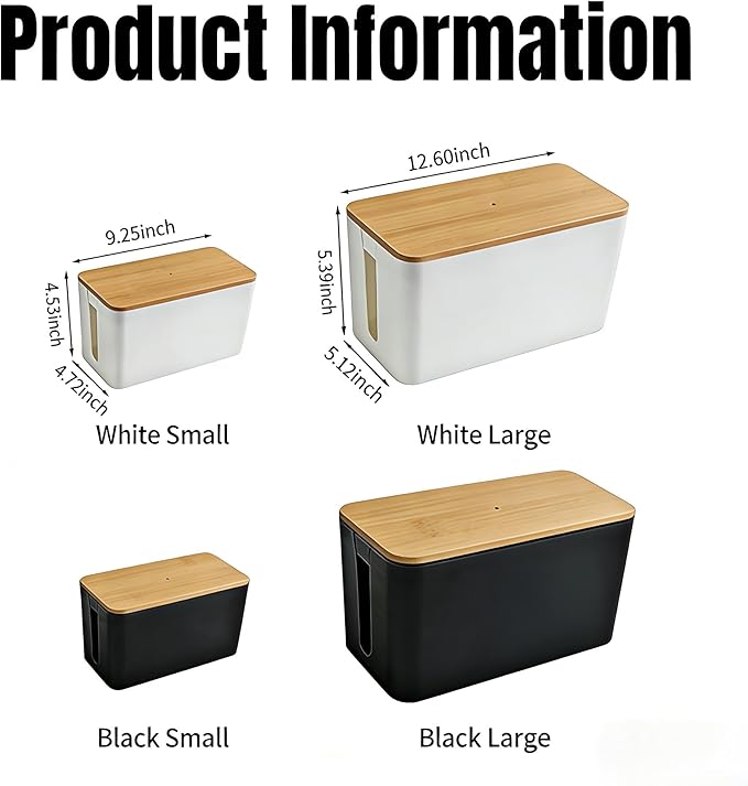 1Large+1Small Cable Organizer Set with 4 Silicone Cable Ties, 2-Piece Cable Management Box, Bamboo Lid Cord Organizer for Home Office,Set of Two Cable Box,Cable Organizer Box(Bamboo lid/Black)