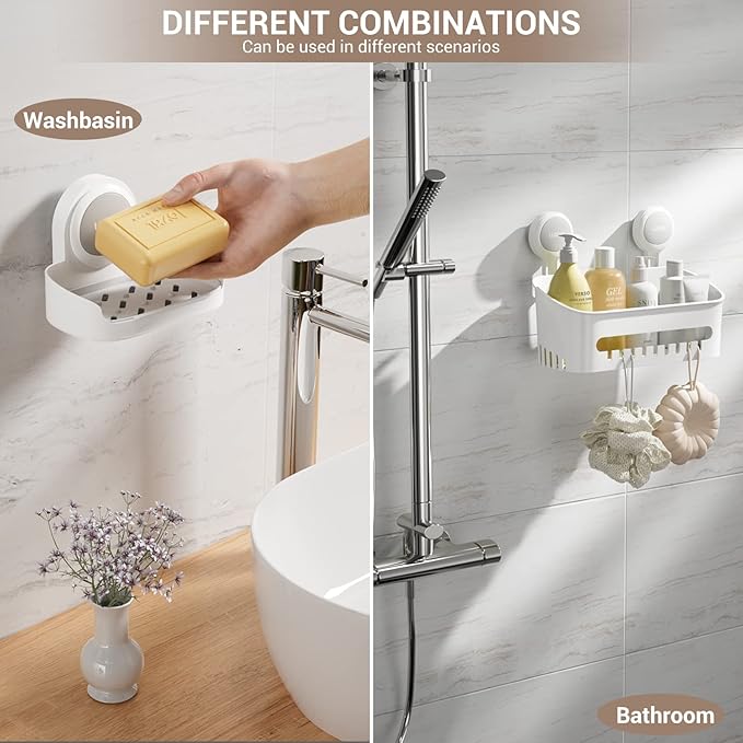 LUXEAR Shower Caddy Suction Cup 2 Pack Suction Shower Basket + Soap Dish Holder NO-Drilling Removable One Second Installation Shower Organizer Powerful Waterproof Bathroom Caddy Storage
