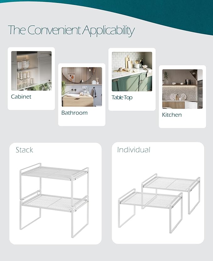 Shantton 2Pack Kitchen Cabinet Shelf Counter Organizer Rack Pantry Storage Bathroom Bedroom Office Table Desk Space Saving Stackable Rust Resistant Non Slip White Wide L13.1in W10.6in H7.3in
