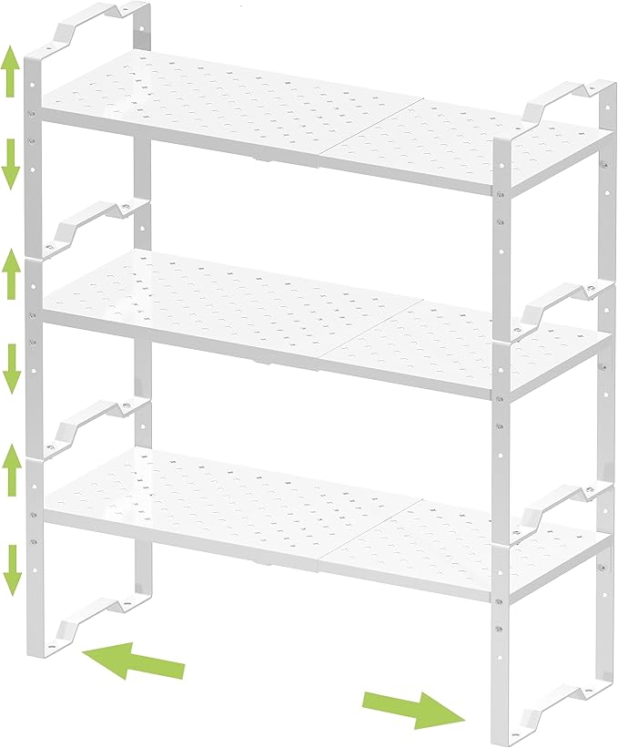 Jojocross Expandable Shelf for Cabinet Organizer Adjustable Stackable Spice Rack at Kitchen and Bathroom More, Counter Countertop Cupboard Organization Pantry Storage(3 Packs/White, Large)