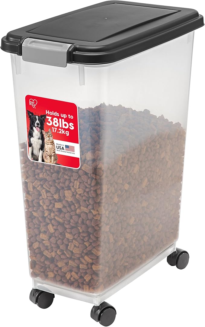 USA Airtight Dog Food Storage Container, Up to 38 lbs, Attachable Wheels, Black
