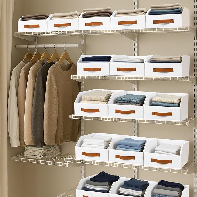 Homsorout Fabric Storage Bins for Organizing - 10 Pack Large Trapezoid Collapsible Storage Bins with Front Handle, Closet Organizers and Storage for Bedroom, Home Shelves, Small Spaces, White